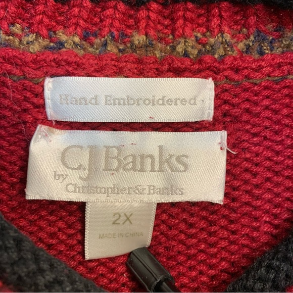 CJ Banks Sz2X red hand embroidered moose sweater black rolled hem&collar - Picture 5 of 10